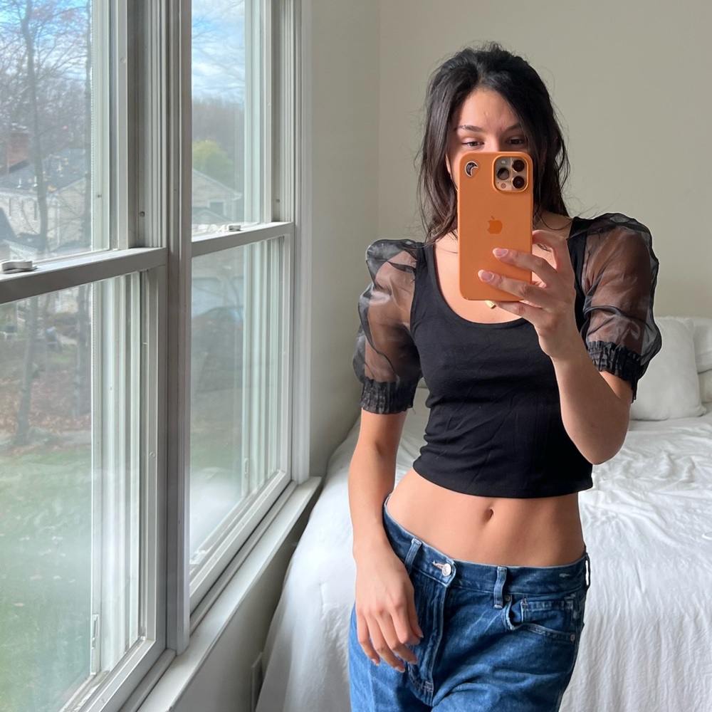 Black crop top mesh sleeves